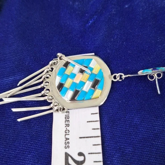 Native American Multi Stone Cobblestone On Sterling Silver Dangle Earrings - Picture 8 of 11